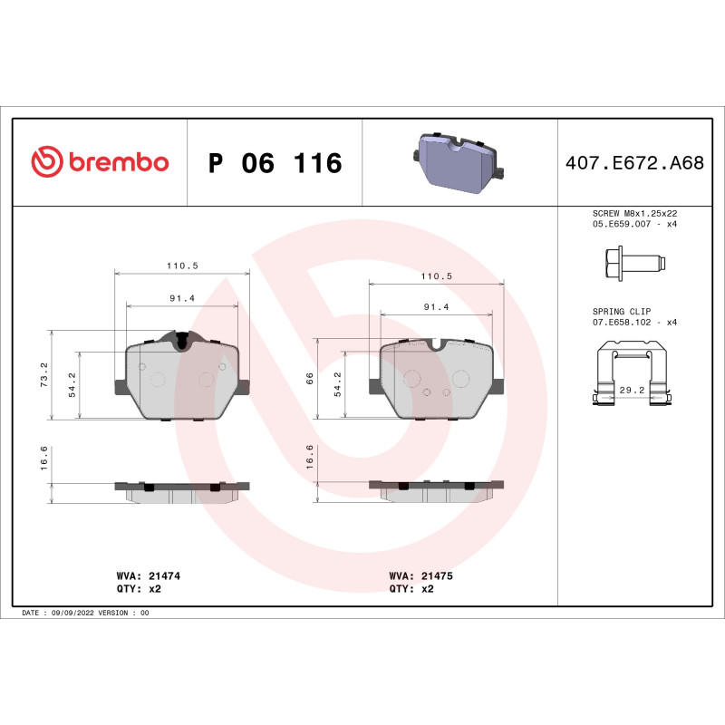 BREMBO P 06 116 Pastiglie freno posteriore per 3 4 2 Z4 Supra i4 XD3