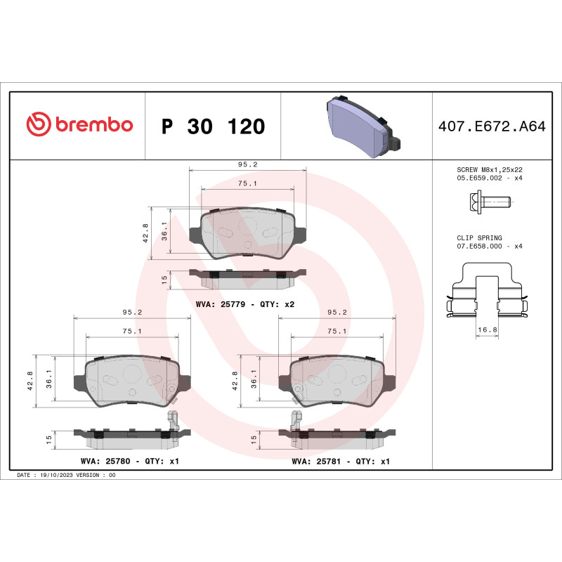 BREMBO P 30 120 Brake Pads Set Rear for Kia Cee'D