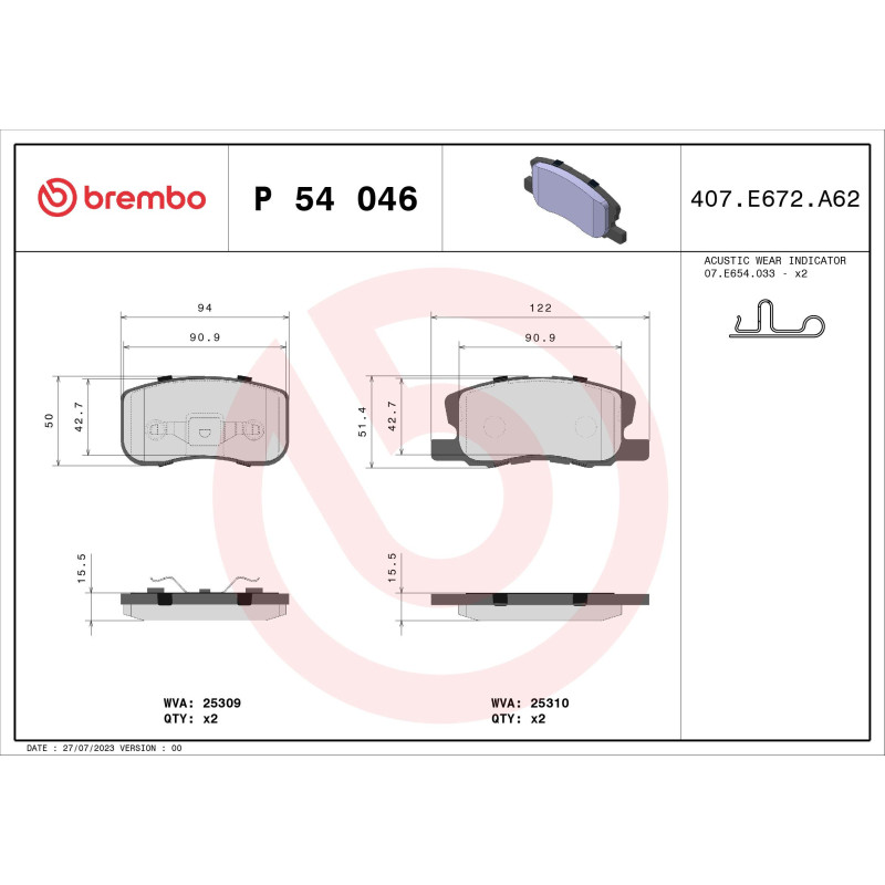 BREMBO P 54 046 Bremsbeläge Vorne für Mitsubishi Colt