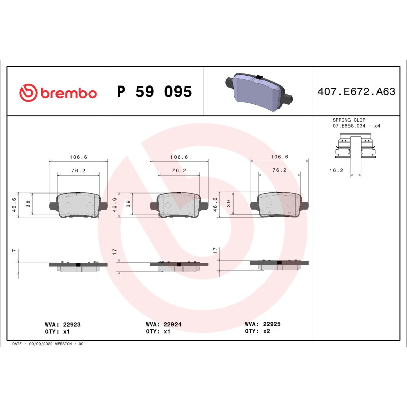 BREMBO P 59 095 Plaquettes de frein arrière pour Insignia Malibu Equinox