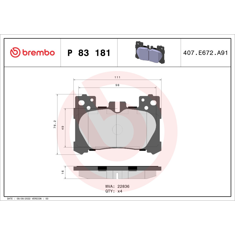 BREMBO P 83 181 Brake Pads Set Rear for Lexus LS LC