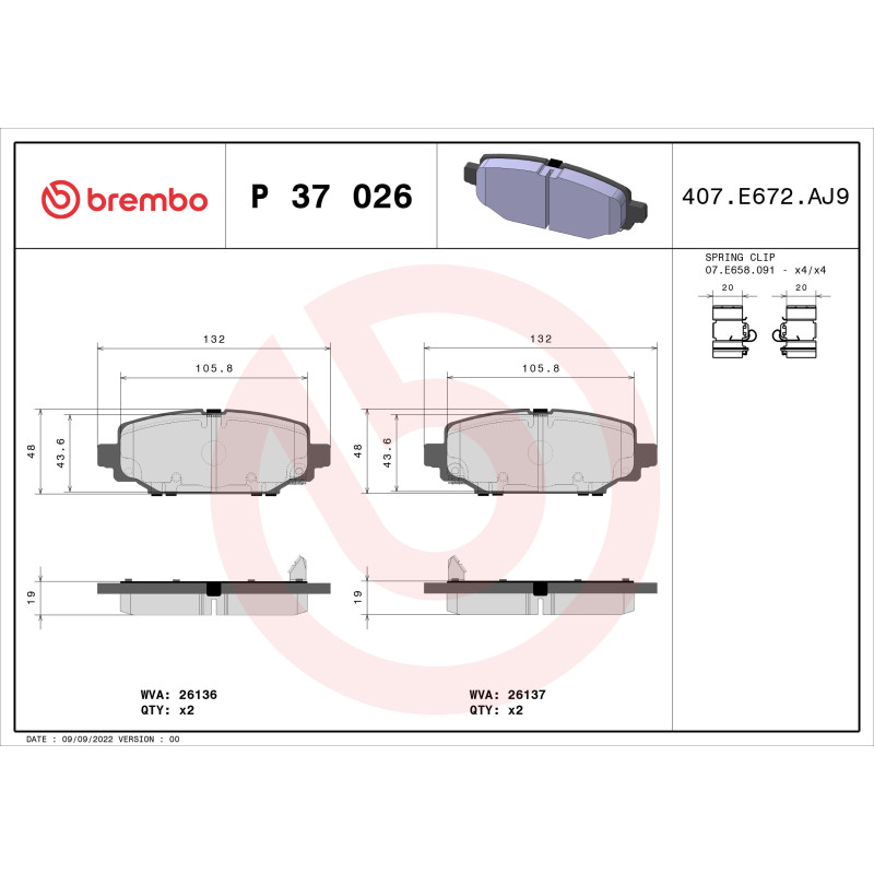 BREMBO P 37 026 Bremsbeläge Hinten für Jeep Wrangler