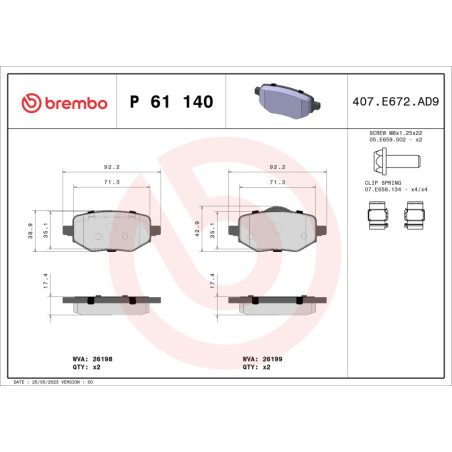 BREMBO P 61 140 Pastillas de freno trasero para Corsa 208 DS 2008 C4 Mokka