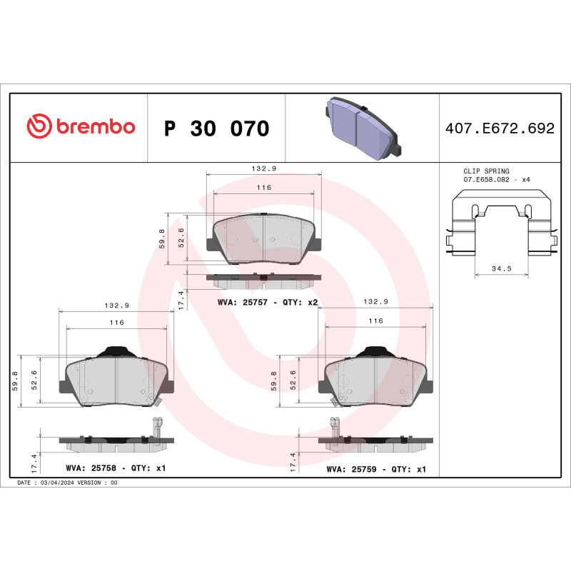 BREMBO P 30 070X Pastillas de freno delantero para Grandeur Carens Santa Fe Creta Aslan Genesis