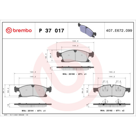 BREMBO P 37 017X Brake Pads Set Front for Dodge Durango