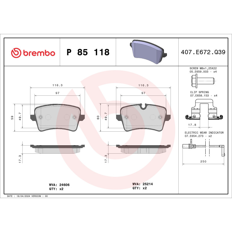 BREMBO P 85 118X Plaquettes de frein arrière pour Audi A6 A7