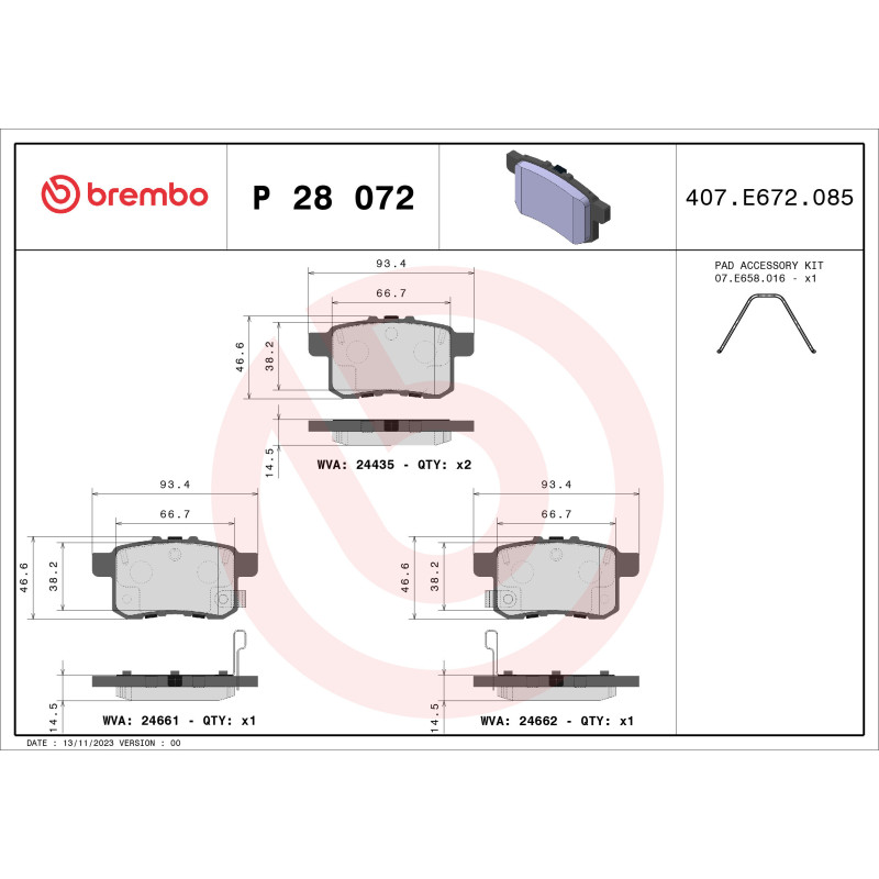 BREMBO P 28 072X Plaquettes de frein arrière pour Honda Accord