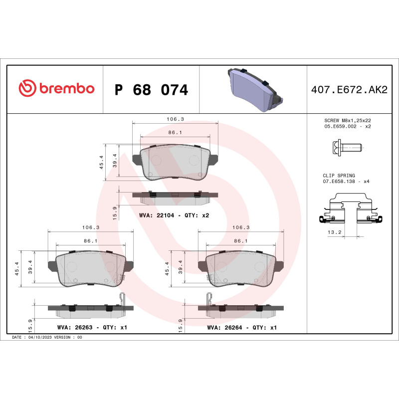BREMBO P 68 074 Plaquettes de frein arrière pour Focus Talisman Captur Kuga Zoe