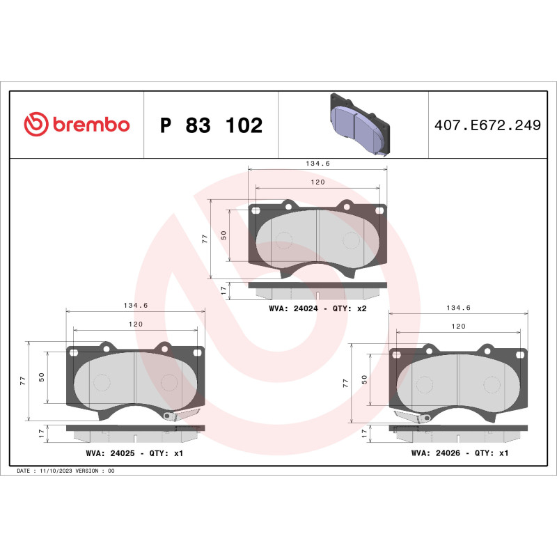 BREMBO P 83 102X Plaquettes de frein avant pour Hilux Land Cruiser FJ Cruiser Fortuner 4 Runner