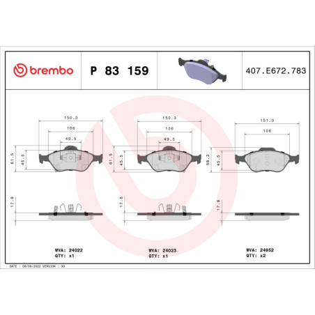 BREMBO P 83 159 Pastillas de freno delantero para Toyota Yaris