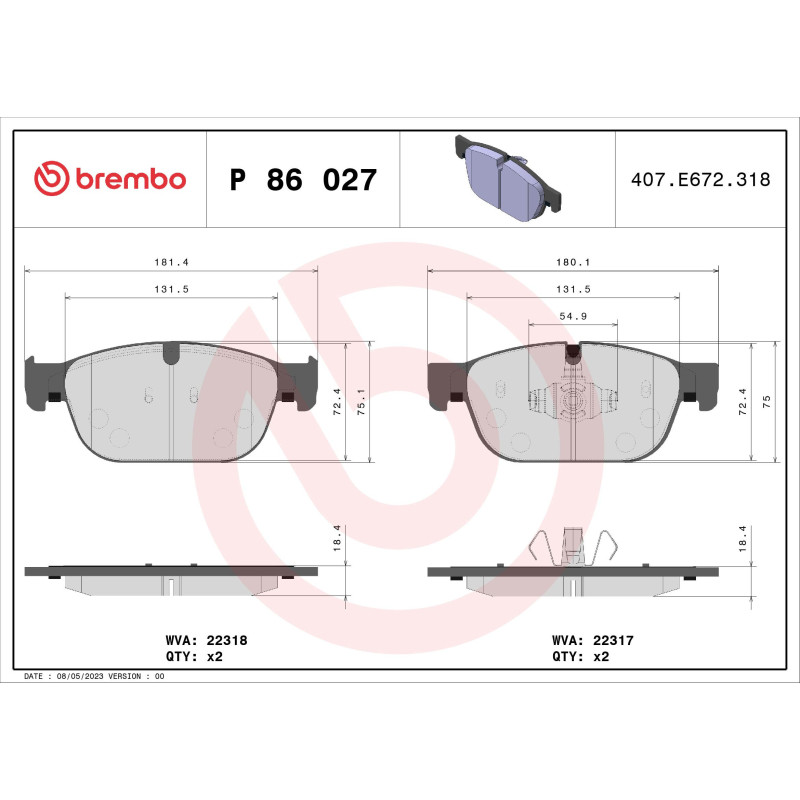 BREMBO P 86 027 Plaquettes de frein avant pour Volvo V90 XC60 V60 XC90 S90 XC40 S60 C40