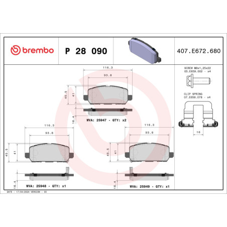 BREMBO P 28 090 Plaquettes de frein arrière pour HR-V Vezel Accord Odyssey