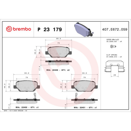 BREMBO P 23 179 Plaquettes de frein arrière pour Fiat Tipo
