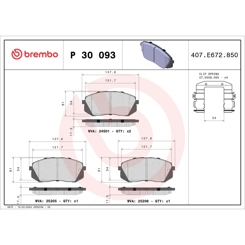 BREMBO P 30 093 Bremsbeläge Vorne für Sportage Optima Sonata Kona Tucson XCeed Ceed Seltos Niro