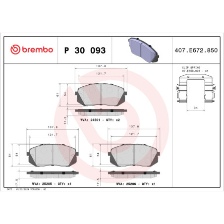 BREMBO P 30 093 Plaquettes de frein avant pour Sportage Optima Sonata Kona Tucson XCeed Ceed Seltos