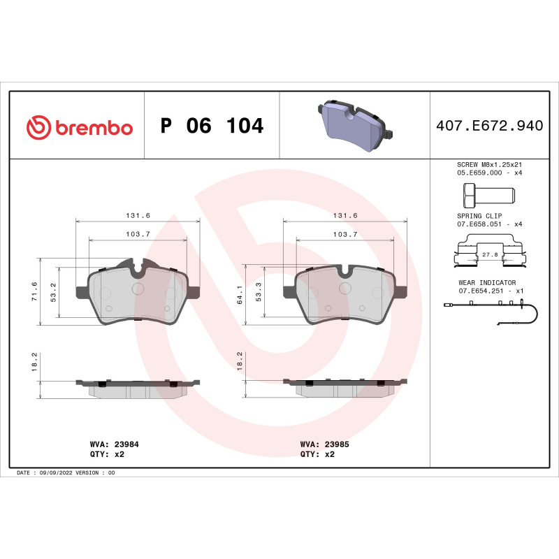 BREMBO P 06 104 Brzdové destičky přední pro MINI Hatchback