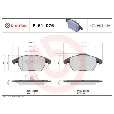 BREMBO P 61 076X Klocki hamulcowe przód dla 208 Ibiza A1 308 Jetta 3008 307 Polo C4 Beetle RCZ 207