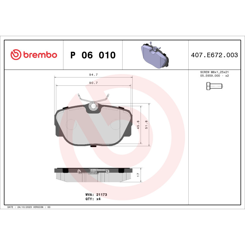BREMBO P 06 010 Plaquettes de frein avant pour BMW 3 Z1