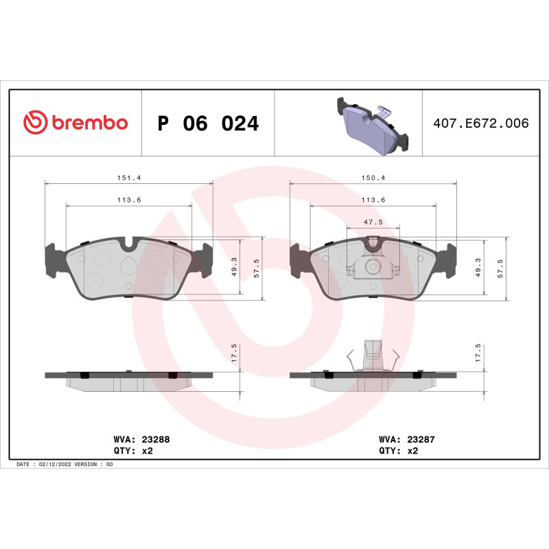 BREMBO P 06 024 Plaquettes de frein avant pour 3 Z3 Z4 Brooklands MF3 Roadster