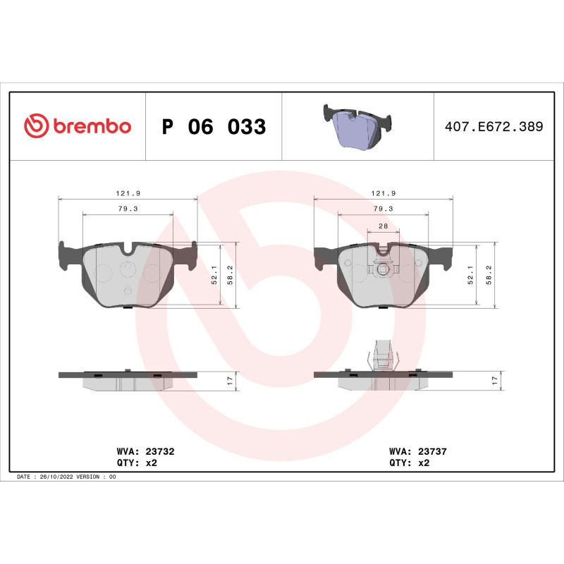 BREMBO P 06 033 Brake Pads Set Rear for BMW 5 6