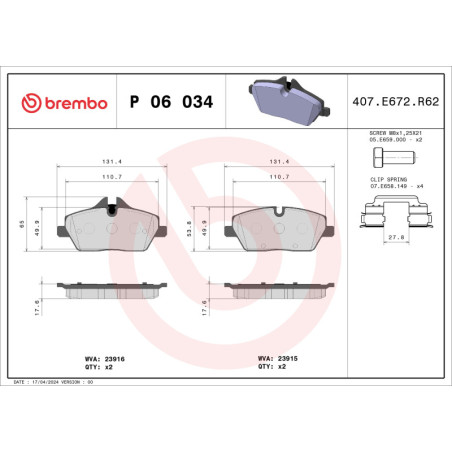 BREMBO P 06 034 Brzdové platničky predné pre Hatchback 1 Clubman Convertible Coupe Roadster 2