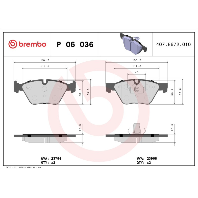 BREMBO P 06 036 Plaquettes de frein avant pour BMW 3 Z4 X1