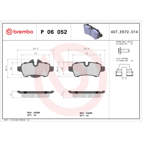BREMBO P 06 052 Plaquettes de frein arrière pour Hatchback Clubman Convertible Coupe Roadster