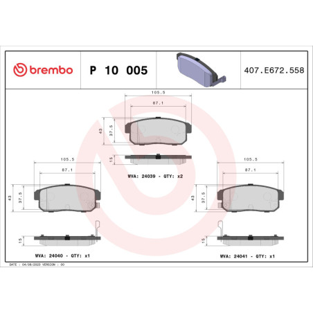 BREMBO P 10 005 Plaquettes de frein arrière pour Ignis Maxima Primera Cruze