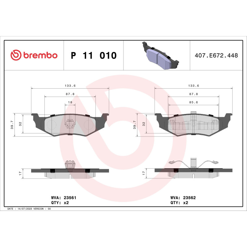 BREMBO P 11 010 Plaquettes de frein arrière pour Neon Stratus Voyager Sebring Caravan Cirrus 300