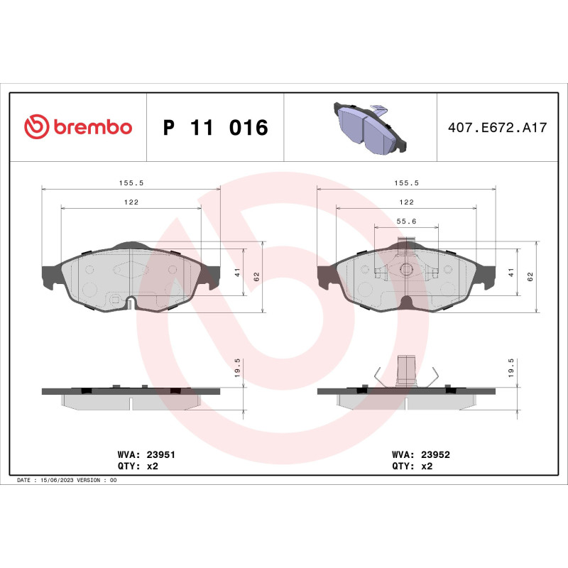 BREMBO P 11 016 Brake Pads Set Front for Chrysler Sebring