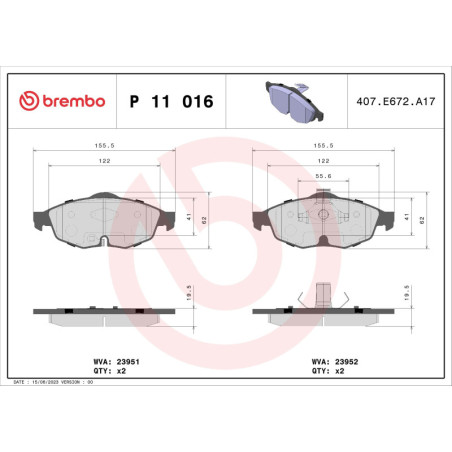 BREMBO P 11 016 Brzdové platničky predné pre Chrysler Sebring