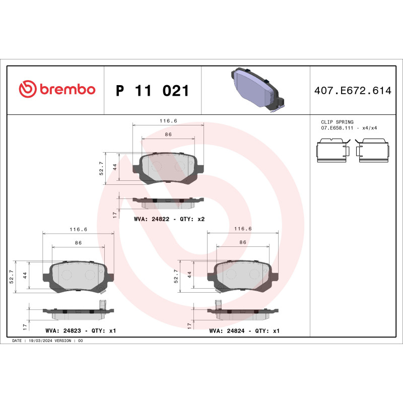 BREMBO P 11 021 Brake Pads Set Rear for Journey Freemont Routan Voyager
