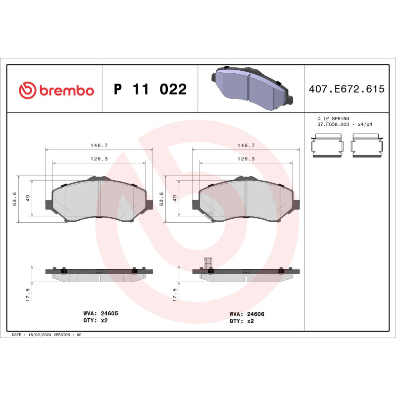 BREMBO P 11 022 Brake Pads Set Front for Journey Wrangler Nitro Freemont Cherokee Routan Voyager