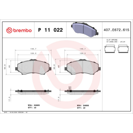 BREMBO P 11 022 Brake Pads Set Front for Journey Wrangler Nitro Freemont Cherokee Routan Voyager