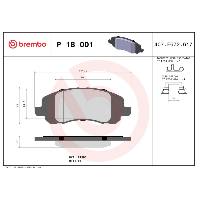 BREMBO P 18 001 Pastillas de freno delantero para Compass Patriot Avenger Caliber Eclipse Sebring