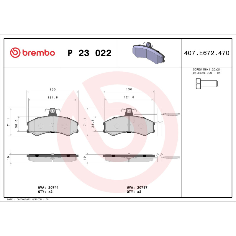 BREMBO P 23 022 Plaquettes de frein avant pour Ducato J5 C25 Express Talento