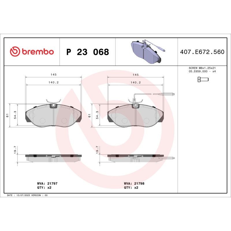 BREMBO P 23 068 Brake Pads Set Front for Ducato Boxer JUMPER