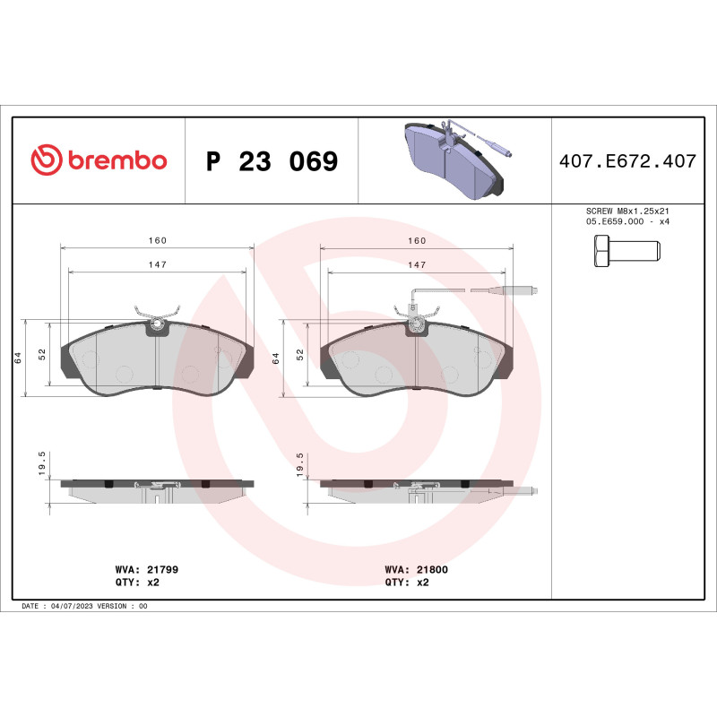 BREMBO P 23 069 Plaquettes de frein avant pour Ducato Boxer JUMPER