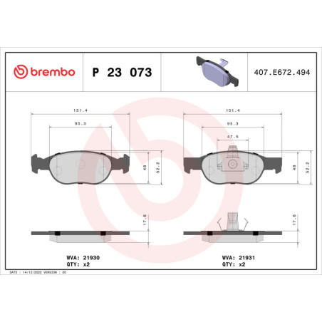 BREMBO P 23 073 Plaquettes de frein avant pour Fiat Punto