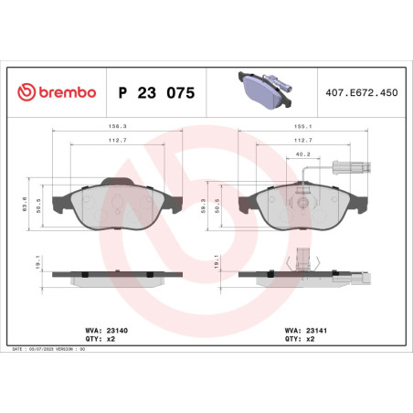 BREMBO P 23 075 Brake Pads Set Front for 156 Lybra Punto