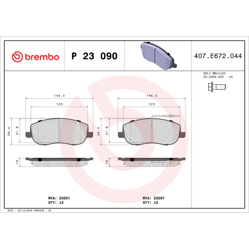 BREMBO P 23 090 Brake Pads Set Front for Expert JUMPY Scudo 807 C8 Phedra Ulysse