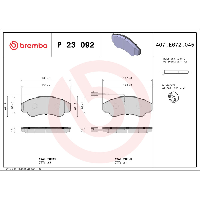BREMBO P 23 092 Brake Pads Set Front for Ducato Boxer JUMPER