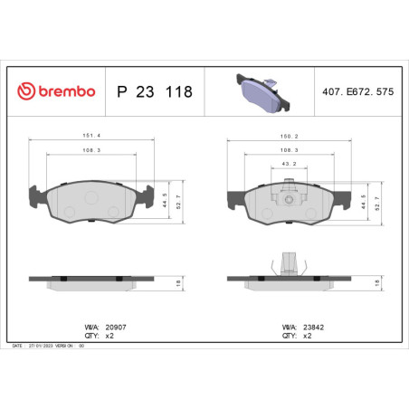BREMBO P 23 118 Plaquettes de frein avant pour Fiat Doblo