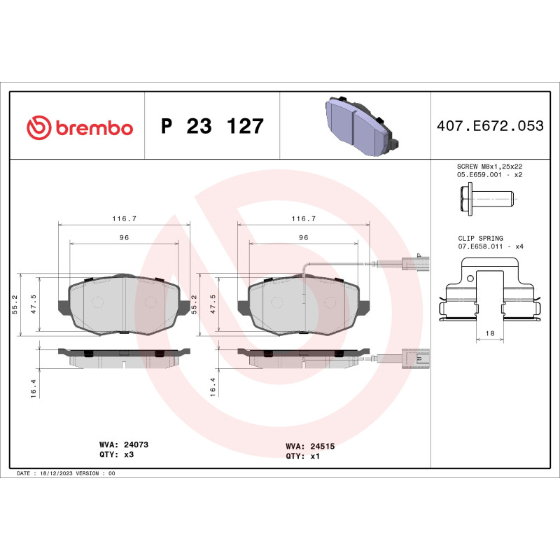 BREMBO P 23 127 Brake Pads Set Front for Lancia Ypsilon