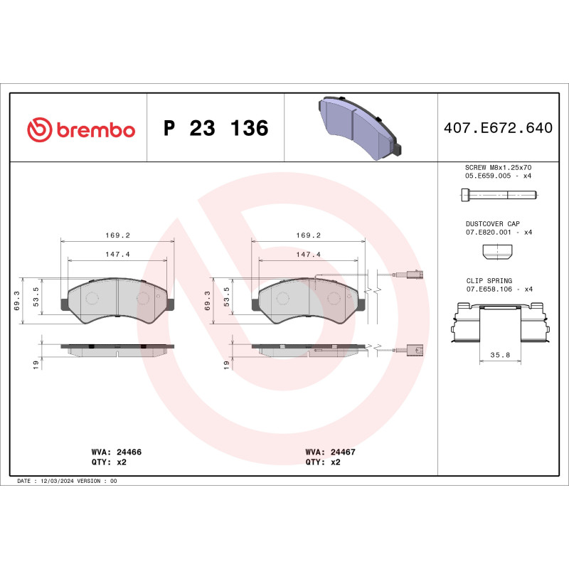 BREMBO P 23 136 Pastiglie freno anteriore per Ducato Boxer JUMPER Movano