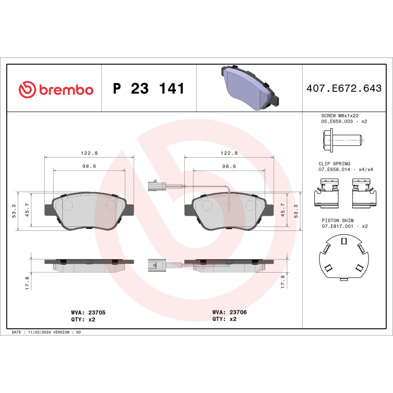 BREMBO P 23 141 Pastiglie freno anteriore per Punto Fiorino 500 MiTo Bipper Nemo Qubo Linea E-Mehari
