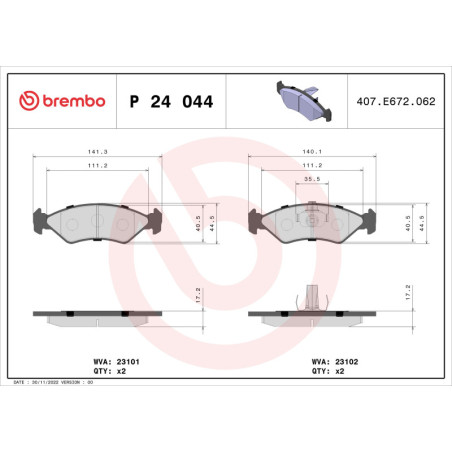 BREMBO P 24 044 Brake Pads Set Front for Fiesta Ka 121 Courier