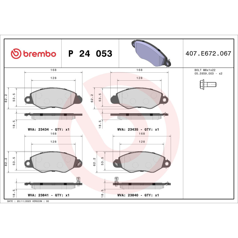 BREMBO P 24 053 Brake Pads Set Front for Ford Transit