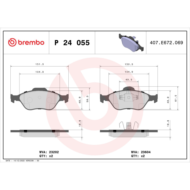 BREMBO P 24 055 Bremsbeläge Vorne für Fiesta 2 Fusion 121 Puma Ka