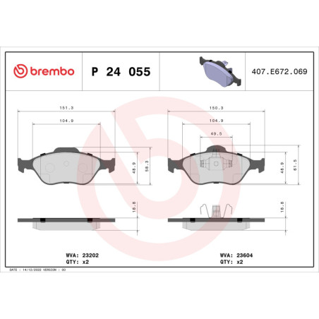 BREMBO P 24 055 Plaquettes de frein avant pour Fiesta 2 Fusion 121 Puma Ka